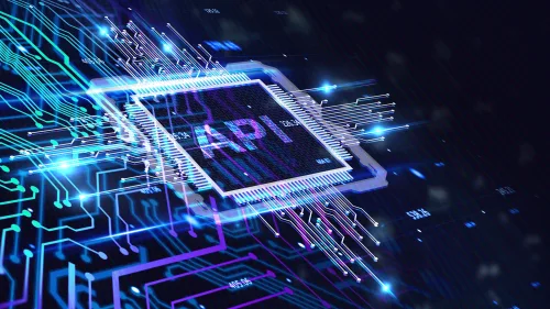 Diseño de placa de circuito brillante en azul y morado con texto "API" y conexiones digitales