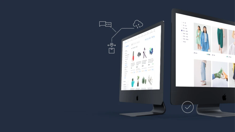 Two iMac displays showing e-commerce website layouts with product images and cloud connectivity icons on dark background