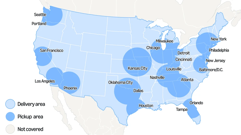 Map of US major cities showing delivery and pickup service areas, with blue circular zones indicating coverage regions across the country.