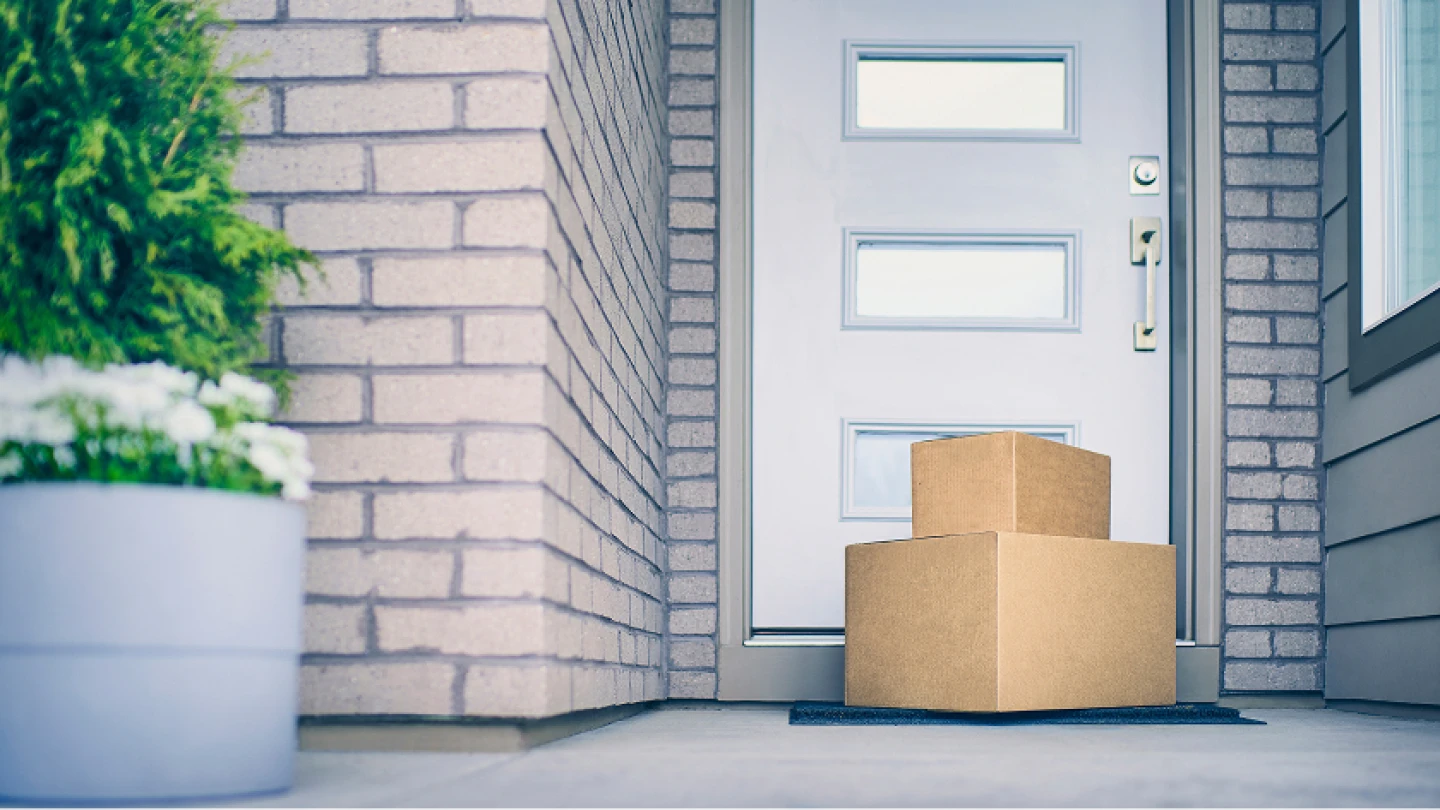 Two brown cardboard delivery boxes stacked on doorstep near modern white front door with glass panels and potted plant